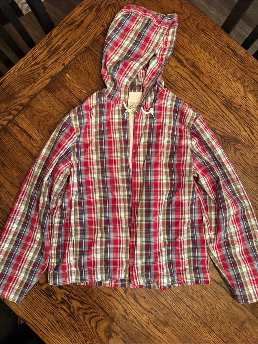 Eddie Bauer Hooded Plaid Jacket Terry Cloth Lined Size Medium Outdoor Coat Fall